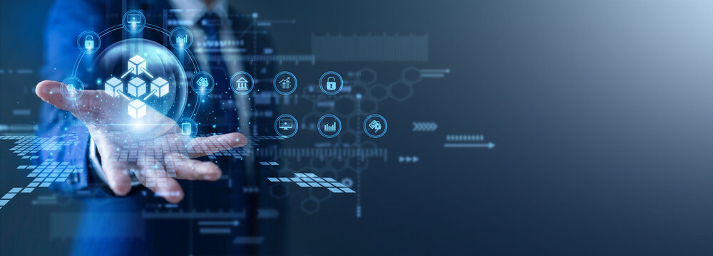 Blockchain developer logs data. Programmer with a glow the hand Blockchain network chain. Decentralized protocols provide secure transparency and facilitate fast peer to peer finance transfers.