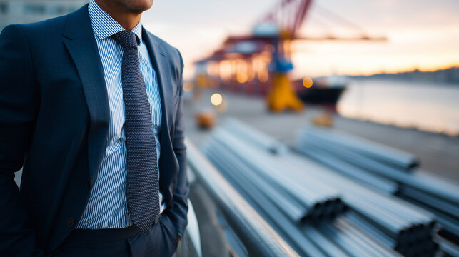 European business executive in dark tailored suit standing on an elevated port platform overlooking bundled steel pipes being loaded onto a cargo vessel at Yokohama port at golden