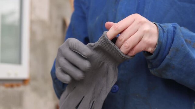 A construction worker in a blue work uniform puts on protective gloves before starting work. Close-up of a woman's hands putting on gray protective gloves against a background of blue overalls
