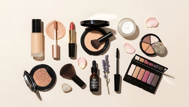 Flat lay of various makeup products and skincare items on a beige background with flower petals