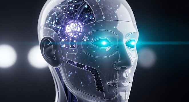 Close up of a humanoid robot head with glowing blue eyes humanoid close-up futuristic technology