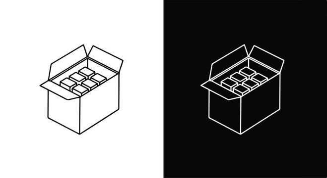 Minimalist isometric illustration of a modern open-top container with compartments in black and white style
