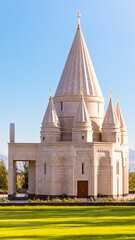 Obraz premium Stunning vertical shot of the Yazidi temple Ziarat in Aknalich Armenia with its unique white stone conical domes and spiritual architecture under a clear sky