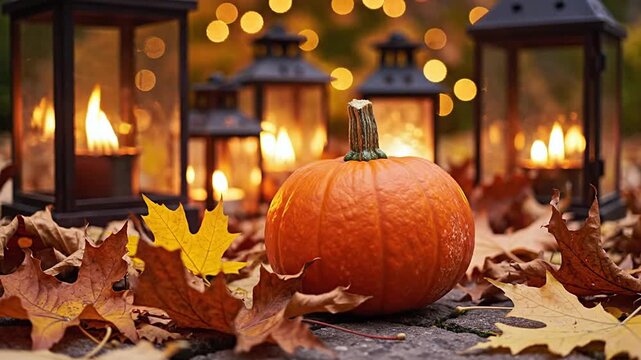 A closeup lowangle autumn scene with pumpkin surrounded by lanterns