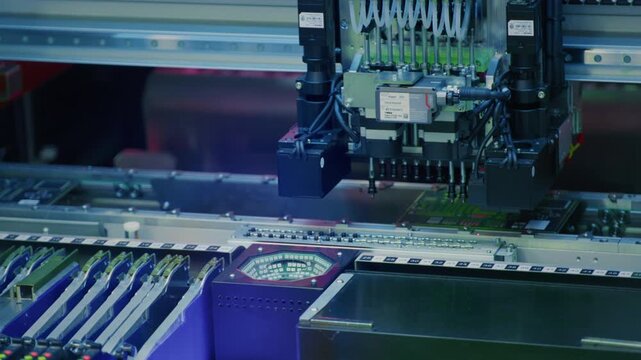 Electronics manufacturing. Automatic installation of SMT components on an electronic printed circuit board. Modern technologies. Machine installs and connects transistors and microchips on motherboard