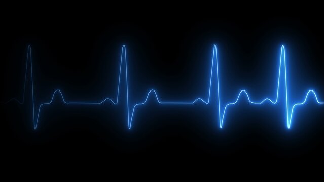 Bright blue heartbeat line showing a healthy pulse wave on a dark black background for medical and health technology