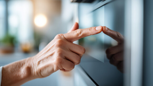 Close-up of faceless fingers touching a blank glowing tablet screen mounted on a kitchen wall, sharp focus on the sleek glass and hand, bright daylight, smart home interface concep