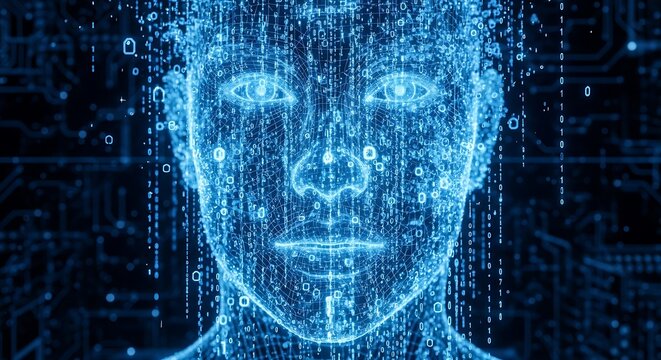 Digital human face made of blue binary code with computer technology connection abstract