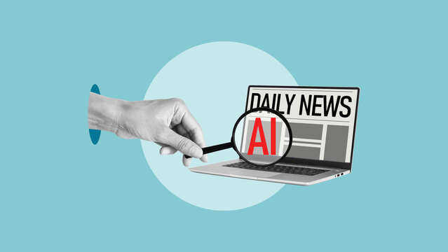 AI news and fake news detection, artificial intelligence analyzing misinformation, magnifying glass over digital newspaper on laptop, fact checking, media manipulation, information verification