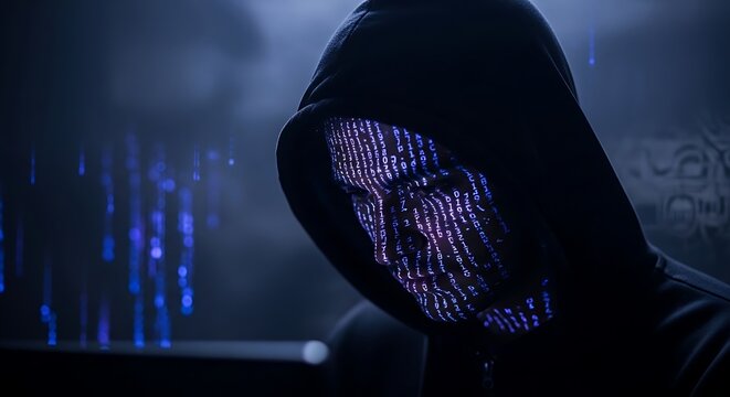 Mysterious hooded figure with glowing purple digital face mysterious anonymous cyberpunk.