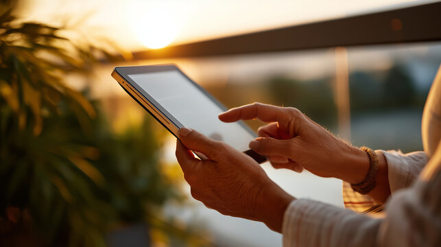 Faceless person holding a thin e-reader with a blank grainy screen at golden hour on a balcony, warm light hitting the device edges, defocused garden background, relaxed digital re