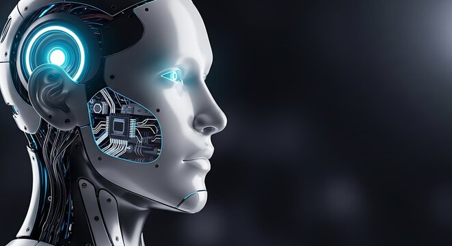 Profile of a futuristic robot head with glowing blue eyes futuristic mechanical artificial