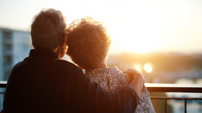 Cinematic side view of two silhouetted senior figures gently embracing on a bright softly defocused balcony overlooking a glowing afternoon sky, balcony embrace, mature couple, fac