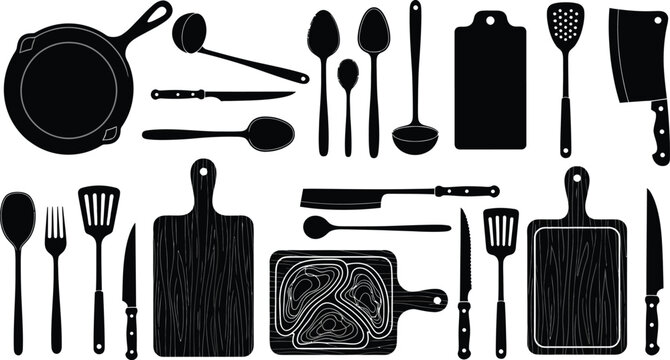 Black and white kitchen tools flat illustration Vector