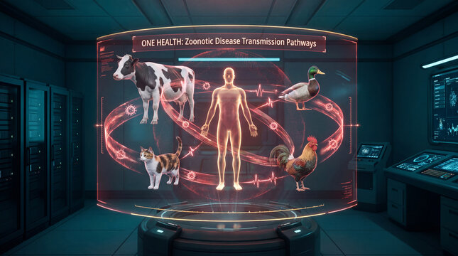 One Health Zoonotic Disease Transmission Infographic with Futuristic Hologram in Science Laboratory
