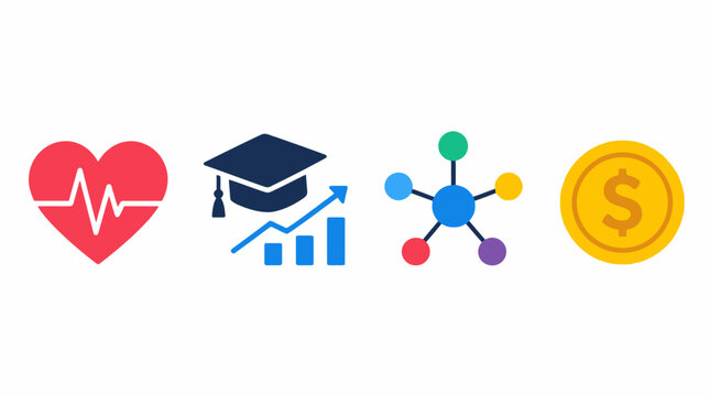 Stylized flat design icon bundle featuring a clean, modern heart monitor line graphic, representing health, cardiology, and medical technology concepts in a minimalist vector art style.