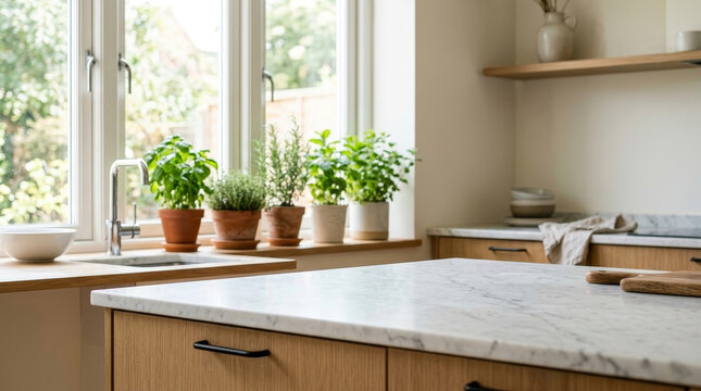 Bright and airy kitchen featuring a marble countertop, wooden cabinets, and lush potted herbs by the window, creating a cozy and inviting atmosphere.