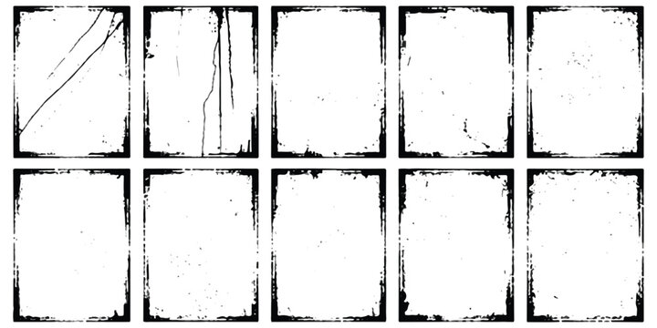 Set of ten rectangular grunge frames with distressed edges and vintage texture borders