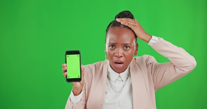 Green screen, phone and black woman worry in studio for advertising, brand and logo mockup. Stress, anxiety and portrait of girl with problem on smartphone for mobile app, website and social media