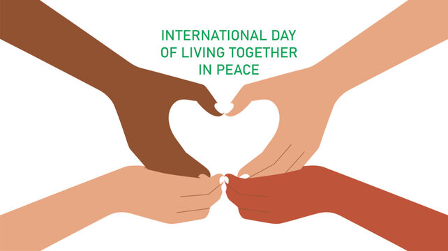 international day of living together in peace concept with diverse hands forming heart symbol unity inclusion love and global harmony illustration