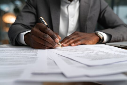 Business professional reviewing and signing official documents at office desk