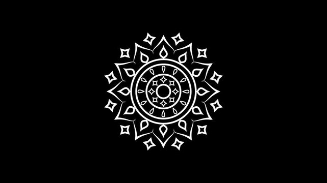 Intricate white mandala circular pattern with elegant floral and geometric ornaments on solid black background. 4k video