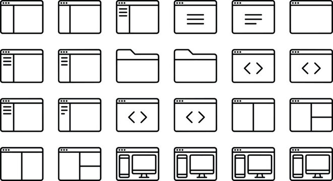 Web Design and Development Icons Set Featuring Browser Windows, Coding, File Management, and Multi-Device Layouts for Digital Interface Design