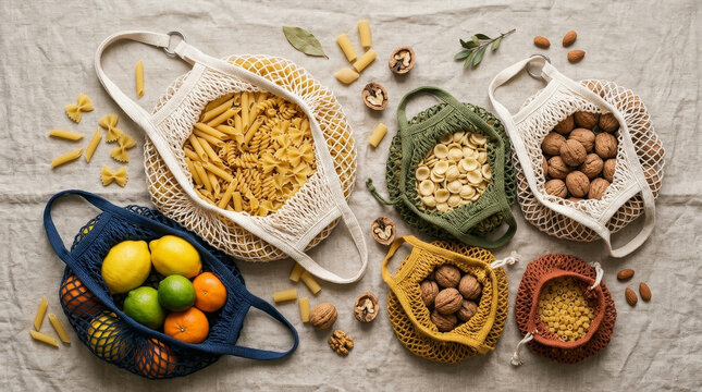 Vibrant mesh bags filled with pasta, nuts, and fresh fruits arranged artfully on a neutral backdrop, showcasing a sustainable lifestyle.