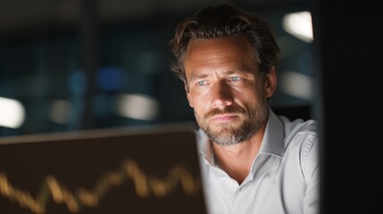 Obraz premium Focused businessman working late on laptop in modern office
