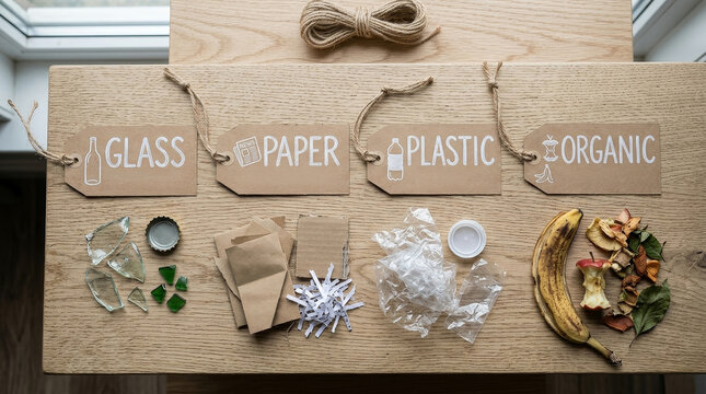 A neatly organized table displays recycling categories?glass, paper, plastic, and organic, showcasing various items for proper waste separation.