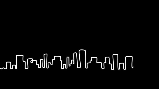 White line drawing forms a city skyline on black background