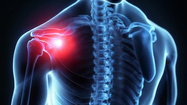 Translucent human upper body anatomy with glowing red highlighted shoulder pain area and visible spine rib cage