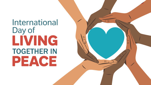 international day of living together in peace concept with diverse hands forming heart symbol unity diversity love and global harmony illustration