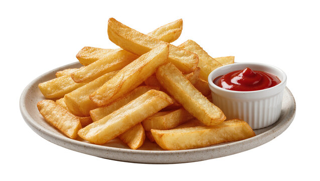 Golden french fries with ketchup in a small bowl, isolated on transparent background