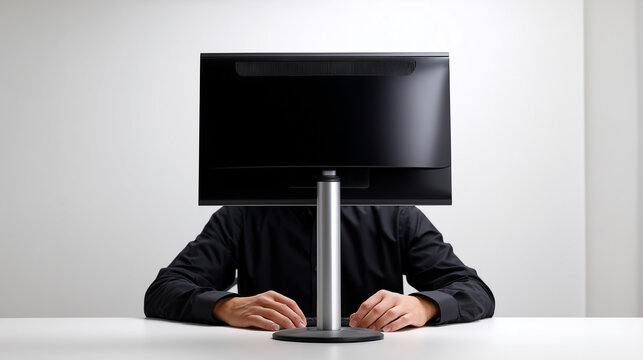 front-facing camera view, centered composition, minimalist studio scene, modern desktop monitor placed on a table with the back panel facing the camera, person sitting directly beh