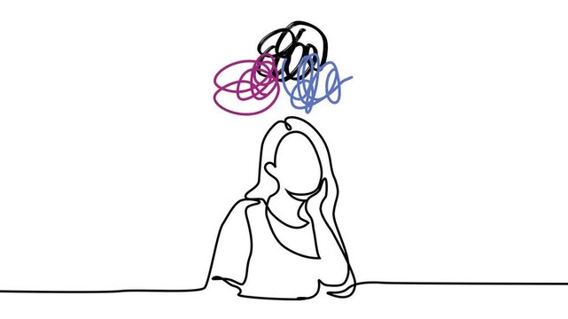 A woman deep in thought. Tangled lines swirl above their head, showing mental chaos. They sit with one hand on their chin, lost in reflection