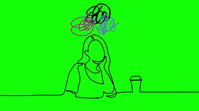 A woman deep in thought. Tangled lines swirl above their head, showing mental chaos. They sit with one hand on their chin, lost in reflection, green screen