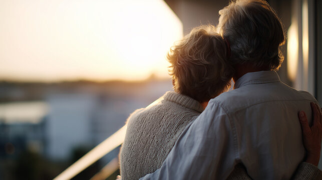 Cinematic side view of two silhouetted senior figures gently embracing on a bright softly defocused balcony overlooking a glowing afternoon sky, balcony embrace, mature couple, fac