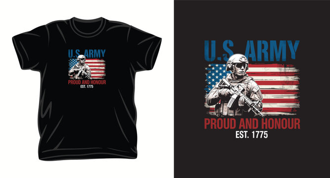 US army proud and honour est 1775 t-shirt design with soldier and grunge american flag.