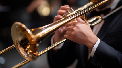 Fototapeta premium gleaming brass trombone during a lively musical performance, copy space closeup