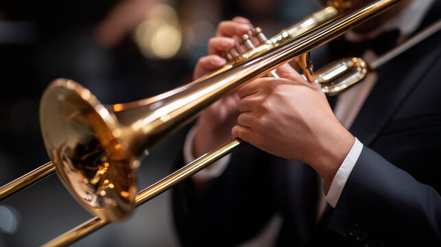 gleaming brass trombone during a lively musical performance, copy space closeup