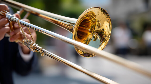 gleaming brass trombone during a lively musical performance, copy space closeup