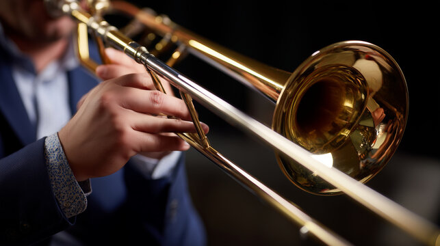 gleaming brass trombone during a lively musical performance, copy space closeup