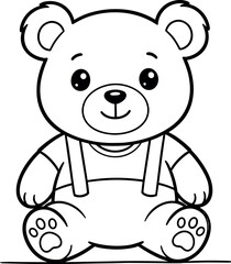 Fototapeta premium Cute Teddy Bear Sitting Cartoon Character Line Art Illustration with Overalls for Kids Coloring Pages, Nursery Designs, Baby Products, and Printable Outline Graphics