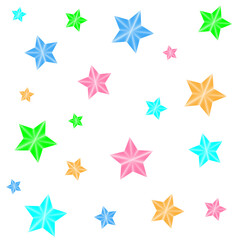 Obraz premium A seamless star pattern of sparkling, five-pointed stars with an iridescent surface and highlights. White background. Linear gradient.