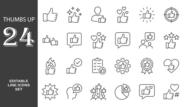 Thumbs up Line Editable Icons set. Vector illustration in a modern thin line style of social media related icons: like, satisfaction, button, and more. Isolated on background.