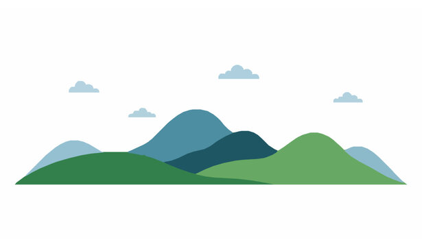 Simple flat landscape illustration of green hills and blue mountains under a cloudy sky.