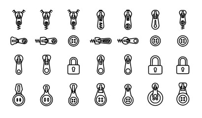 Large set of zipper and fastener line icons, clothing hardware and sewing symbols. © Songkari