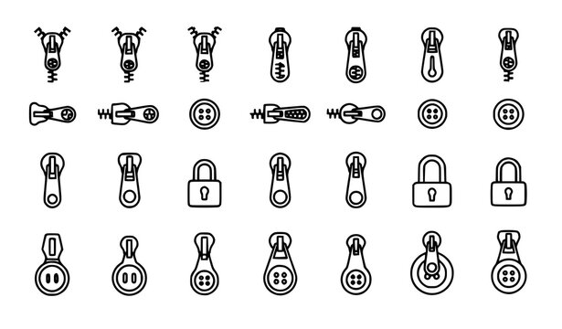 Large set of zipper and fastener line icons, clothing hardware and sewing symbols.