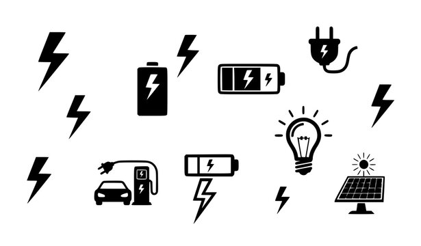 Set of energy and electricity line icons featuring lightning bolts and battery symbols.